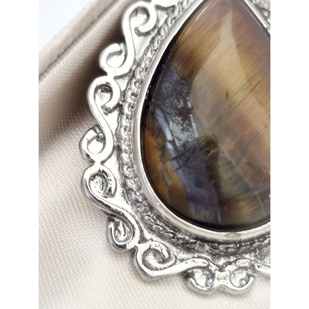 Vintage Large Silver-tone Pear Tiger-Eye Pendant - Picture 2 of 4